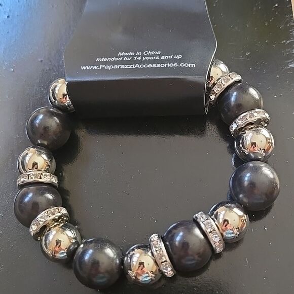 Elegant Black Silver Tone Beaded Bracelet Stretchy Womens Jewelry Accessory Cute - Picture 5 of 13